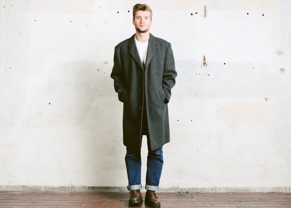 Men 80s Grey Wool Overcoat . Vintage Checkered Winter Coat | Etsy