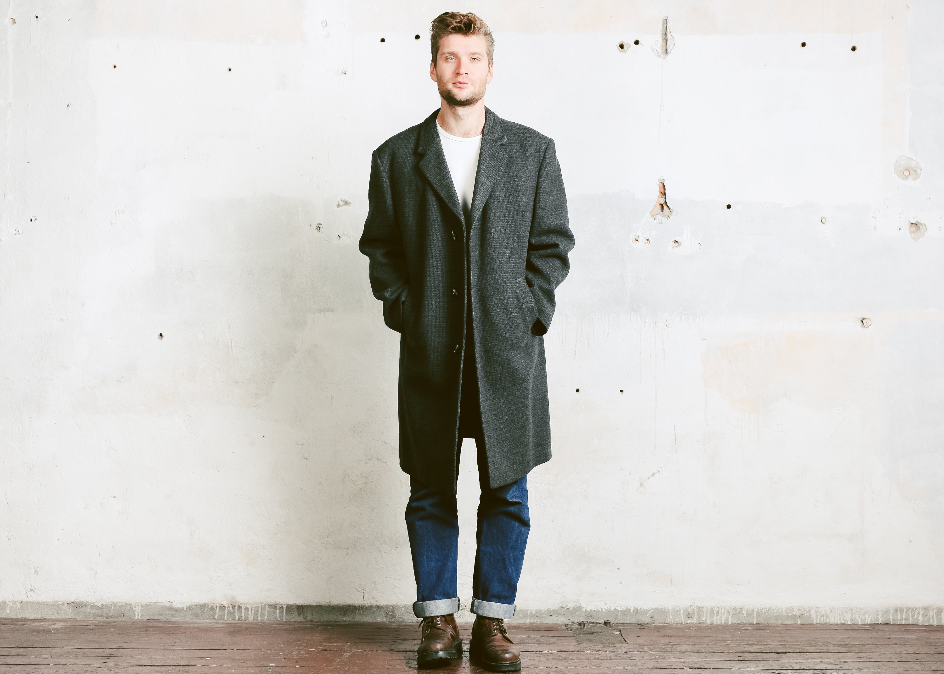 Men 80s Grey Wool Overcoat . Vintage Checkered Winter Coat 1980s Grey ...
