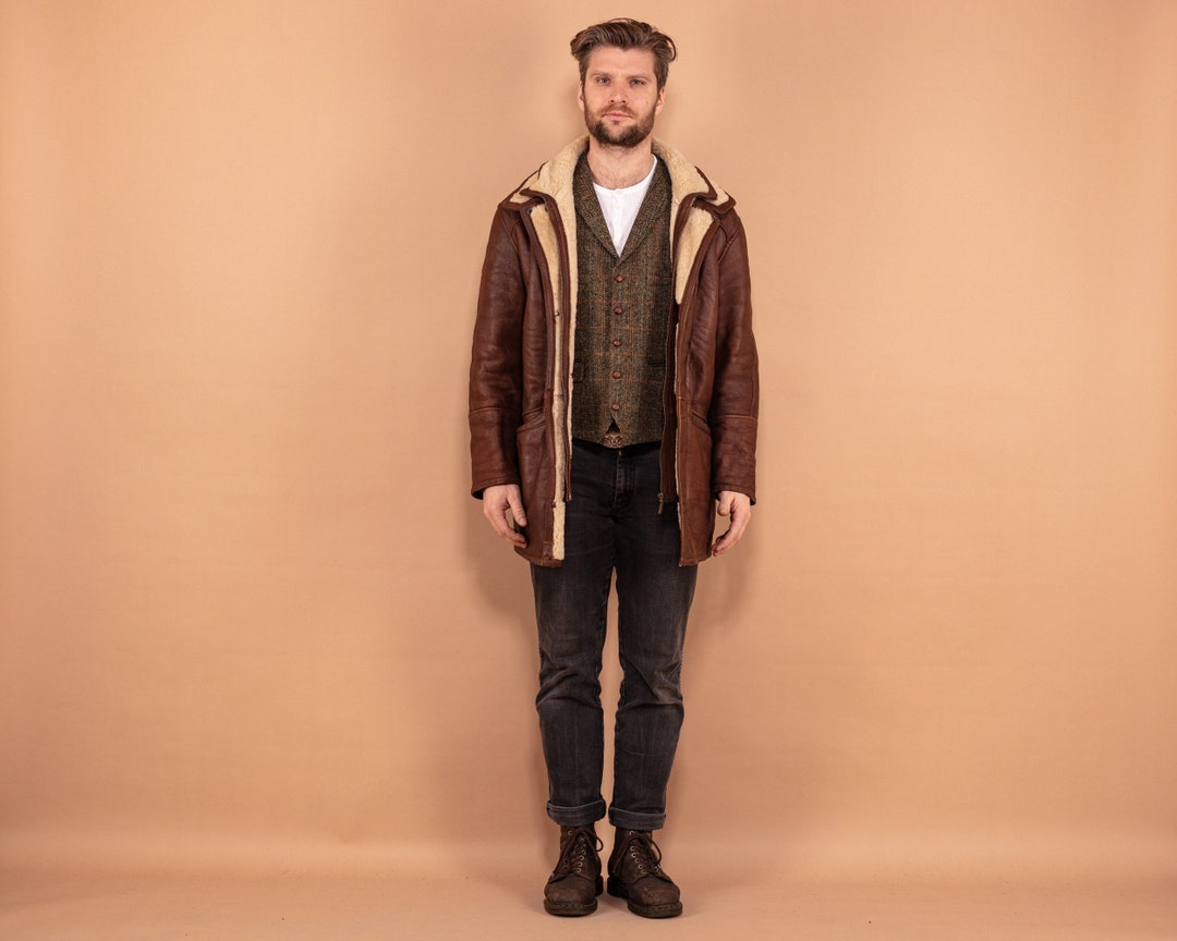 Sheepskin Leather Coat Men, Classic Shearling Overcoat L, Brown Leather