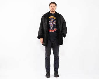 Svart vintage fårskinnskappa i läder, ranchkappa, herrstorlek XL