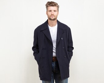 Navy Blue Wool Coat men vintage 80s casual overcoat office short coat mac coat trench coat mens retro coat single breasted size large