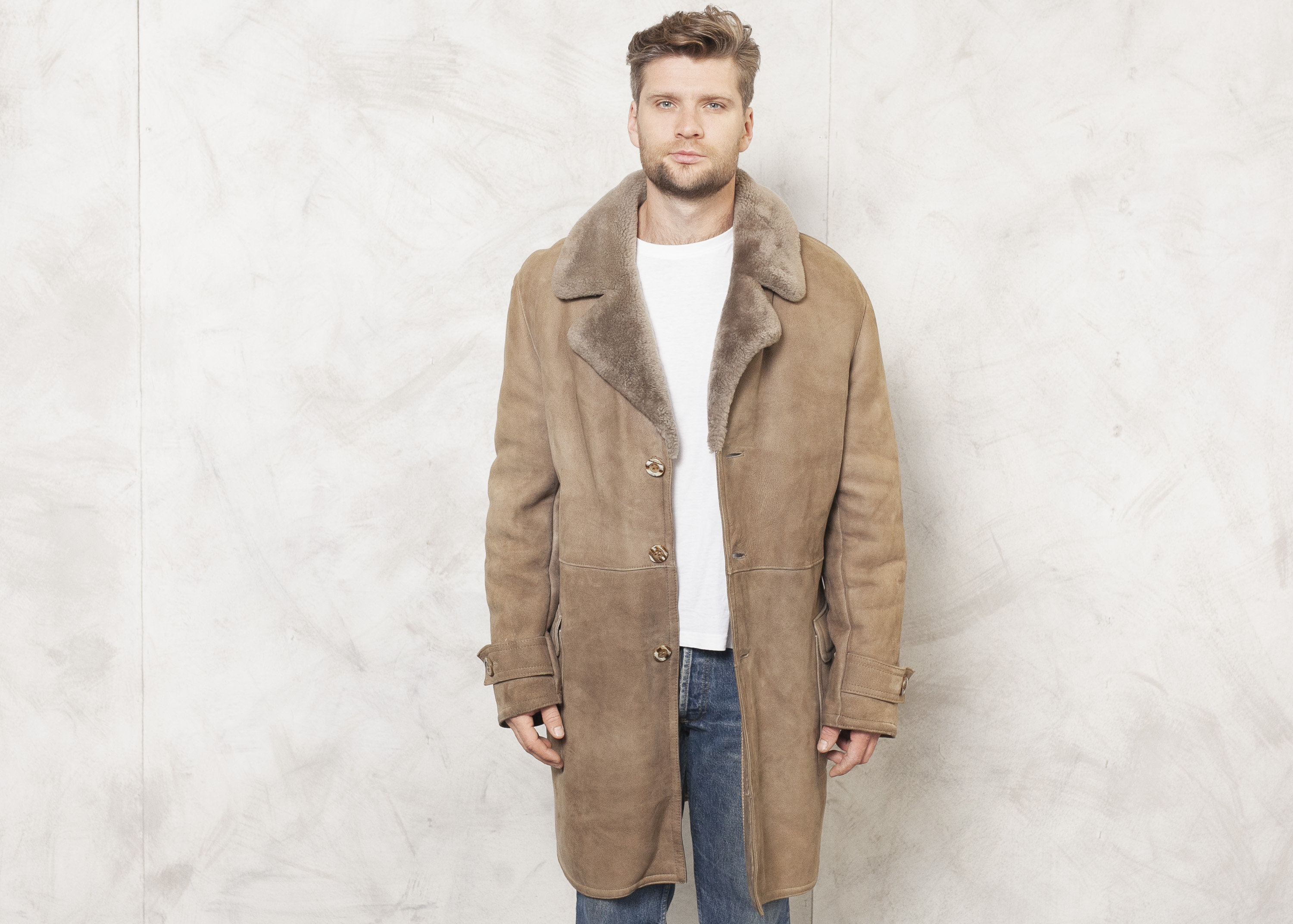 Beige Sheepskin Coat Vintage 1970s Men 