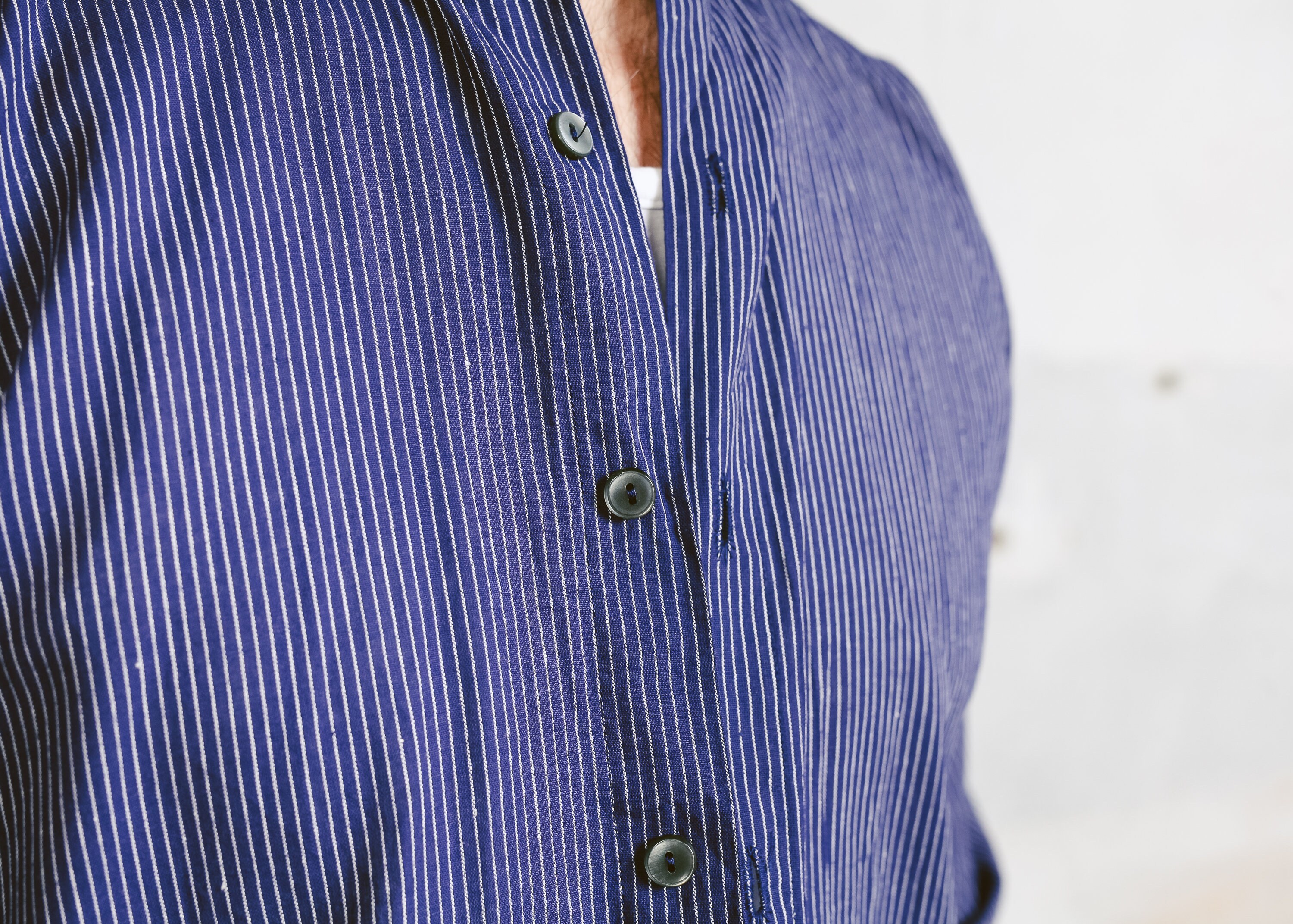 Vintage Men Band Collar Shirt . Vintage Striped Shirt Collarless Cotton