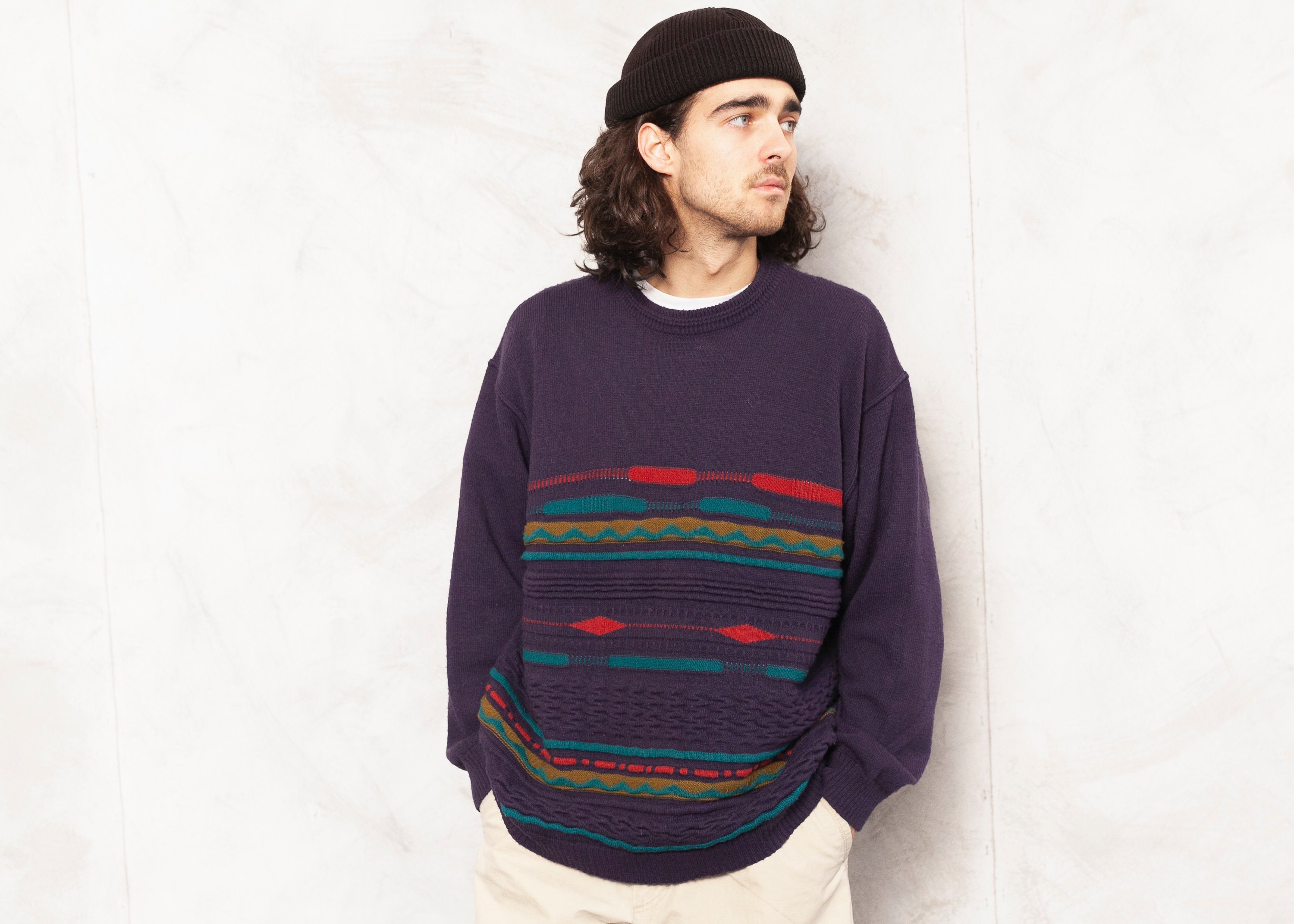Coogi Style Sweater Vintage 90s Retro Jumper Patterned Artist Knit