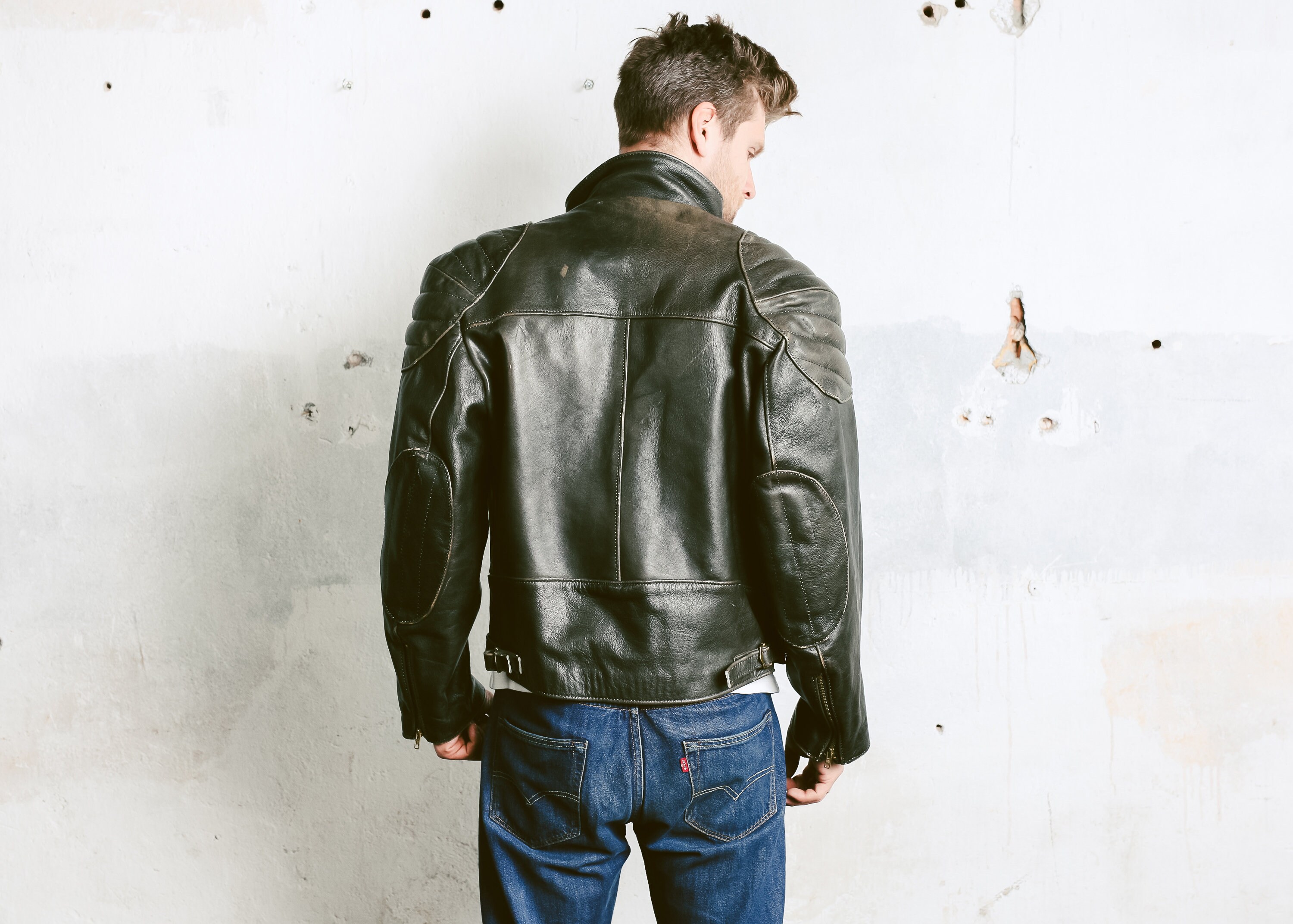 Men's Leather Biker Jacket Vintage Bomber Jacket Black Punk Rock ...