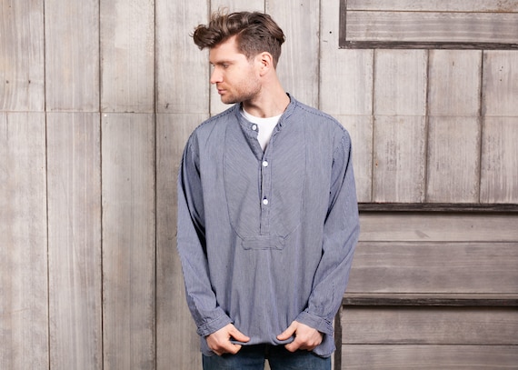Vintage Men Smock Shirt . 90s Blue Shirt Striped C