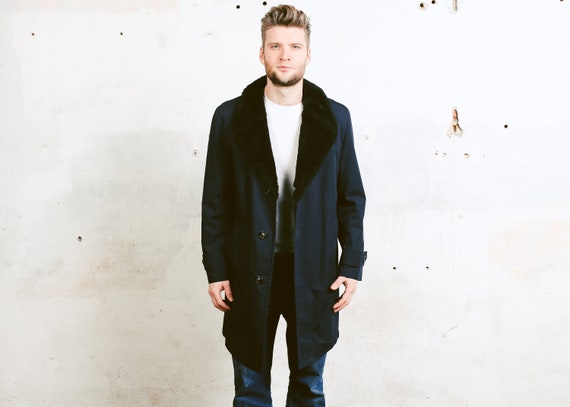 Navy Blue Faux Fur Coat with a Classic Collar Navy Blue Faux Fur Coat with a Classic Collar