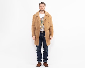 70s Vintage Men Sheepskin Shearling Coat Size M, Old Fashioned
