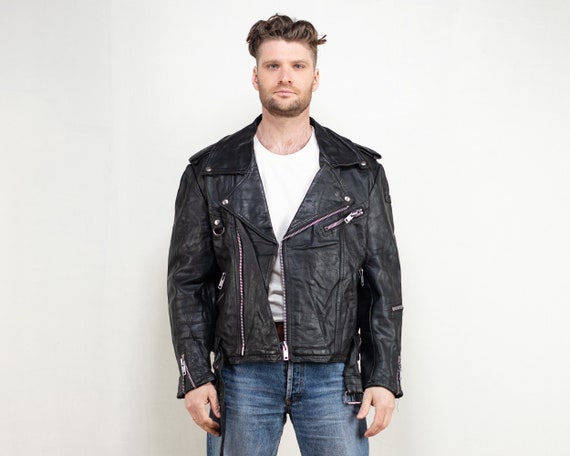 Vintage Men Leather Biker Jacket 90's Black Moto Side Zip - Etsy