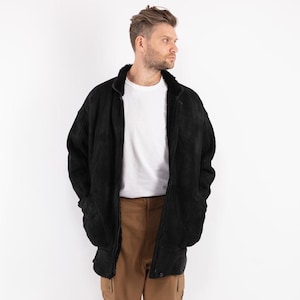 80&#39;s Black Sheepskin Coat, Men Size Large XL Sheepskin Coat, Men&#39;s Shearling Coat, Black Barn Leather Coat, Men Western Coat, BetaMenswear