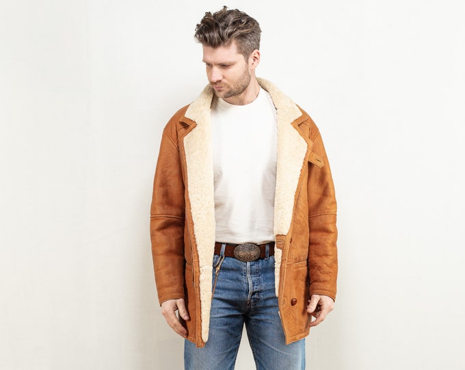 Sheepskin Men Coat 80's brown sheepskin shearling wool cowboy western cowboy boho style coat men sustainable vintage clothing size large L