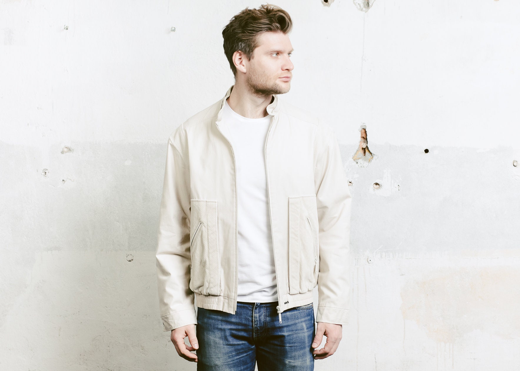 90 Bomber Jacket . Beige Bomber Coach Jacket Mens Vintage Cotton Jacket ...