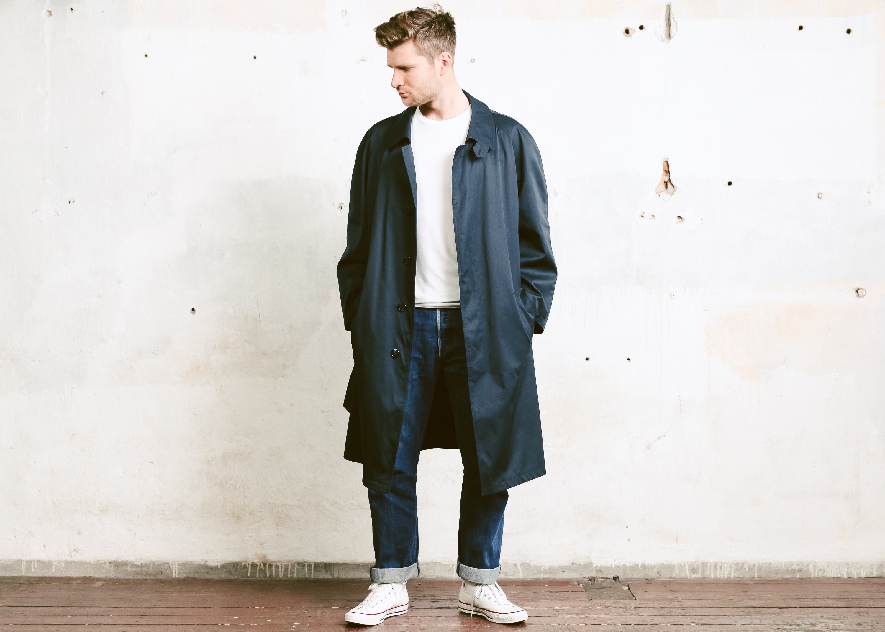 Mens Navy Blue Mac Coat . 80s Oversized Duster Coat Lightweight Coat Jacket Navy Blue Mac Spring ...
