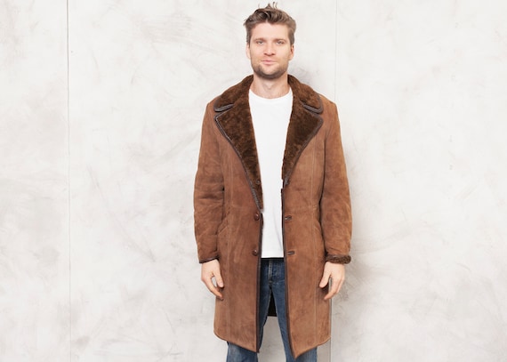 Brown Shearling Coat Men Vintage 70s Winter Coat S