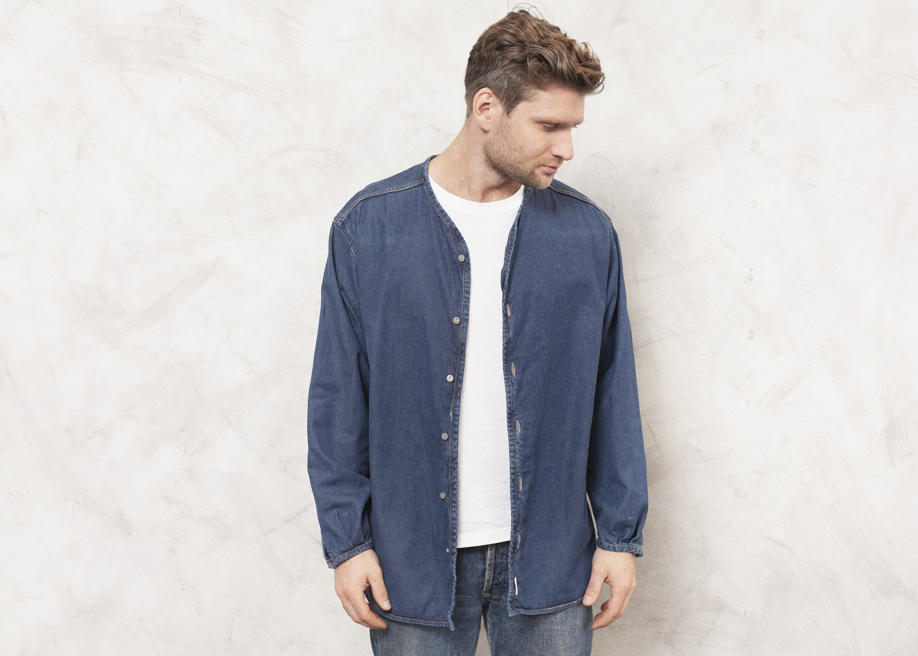 Denim Collarless Shirt Vintage 90s 