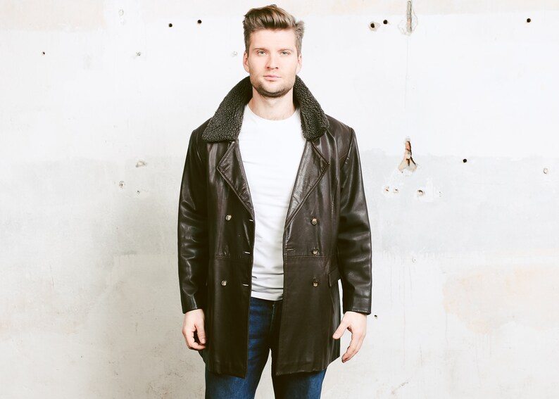 Mens Leather Jacket Vintage Sherpa Collar Coat Winter Brown Overcoat Outerwear Long Size Um M
