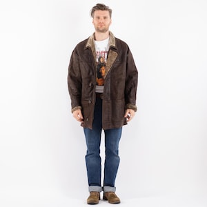 90&#39;s Men Brown Sheepskin Coat, Size L Vintage Shearling Coat, Retro Leather Coat, Men Leather Coat, Rugged Western Sheep Coat, Mens Clothing