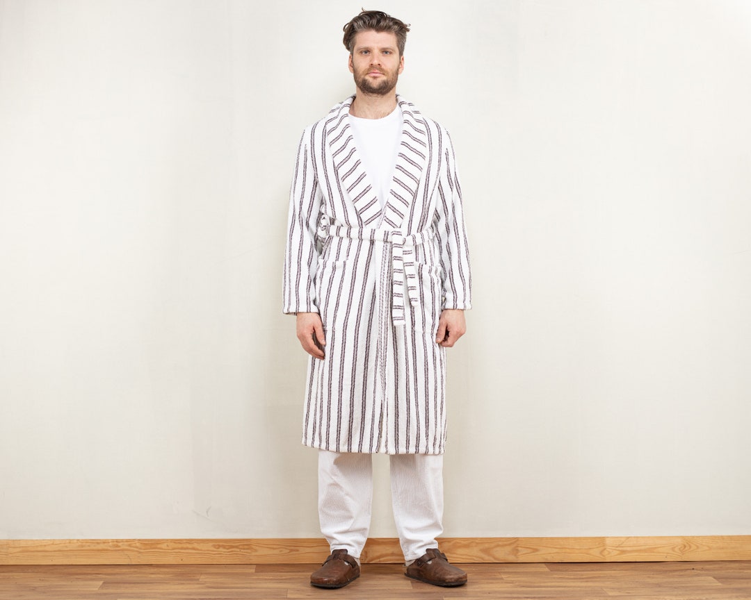 Men Dressing Gown Vintage 90's Bathrobe Morning Robe White Terry Cotton Homecoat Belted Hugh