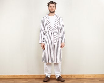 Vintage 90s Striped Cotton Robe - White Terry Cloth Dressing Gown, Size M