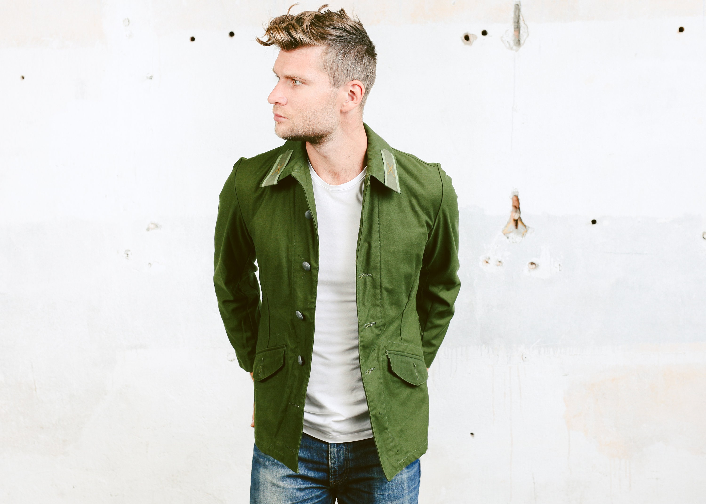 Vintage 70s Mens Green Army Coat 