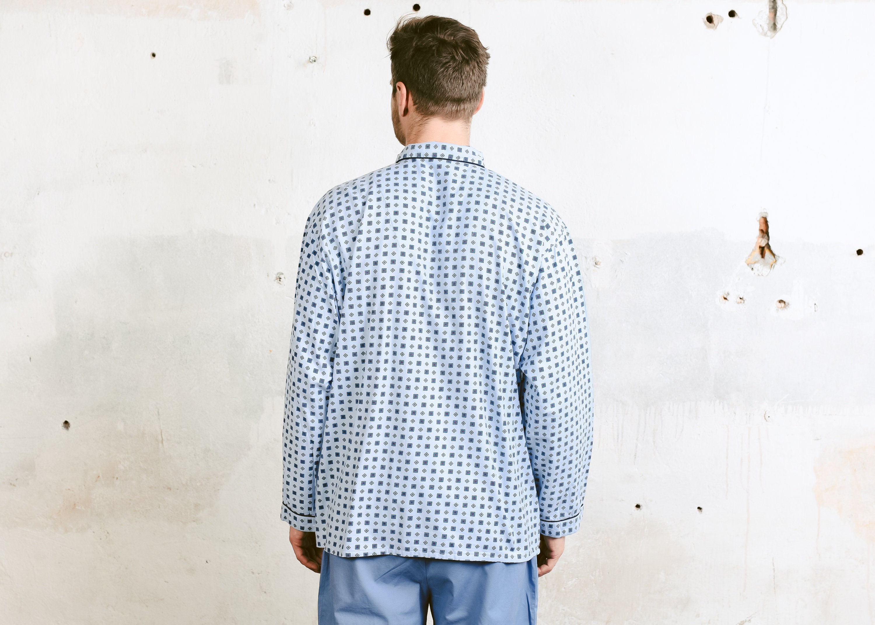 Patterned 80s Pajama Shirt . Vintage Men 1980s Blue Cotton Shirt ...