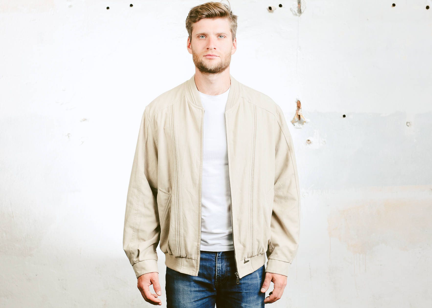 Men's Faux Suede Jacket . Bomber Jacket Mens Beige Garage Jacket Coat ...