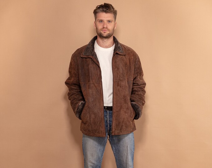 Brown Suede Sherpa Jacket 90's, Size XL, Vintage Zip Up Jacket, Men Fall Outerwear, Faux Sheepskin Bomber Jacket, Vintage Men Clothing