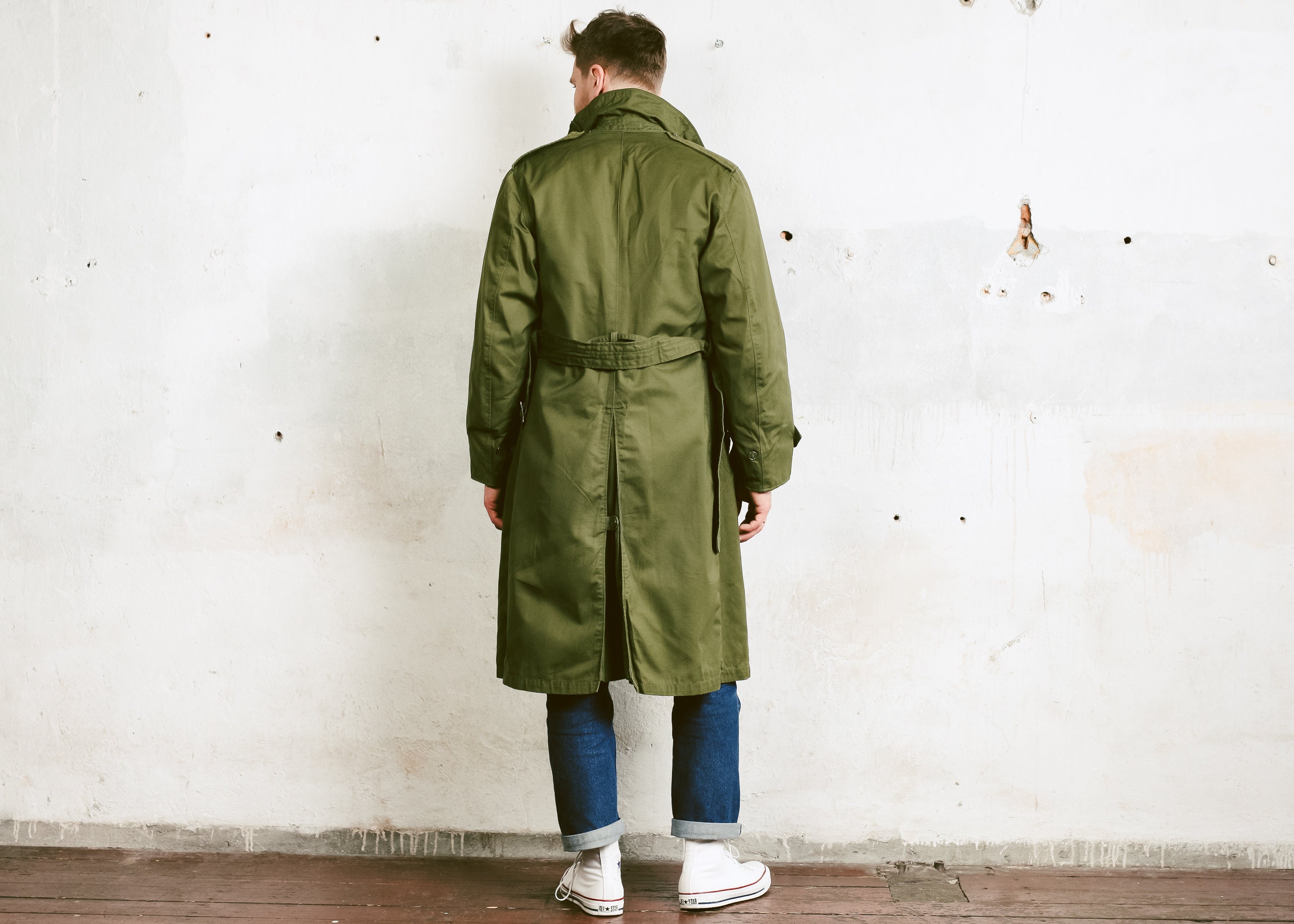 Men Military Trench Coat . Vintage Army Jacket Oversized Jacket 70s Duster Coat Green Military