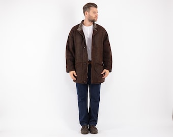 Cappotto vintage anni '90 in montone marrone, taglia L, capospalla in pelle di montone