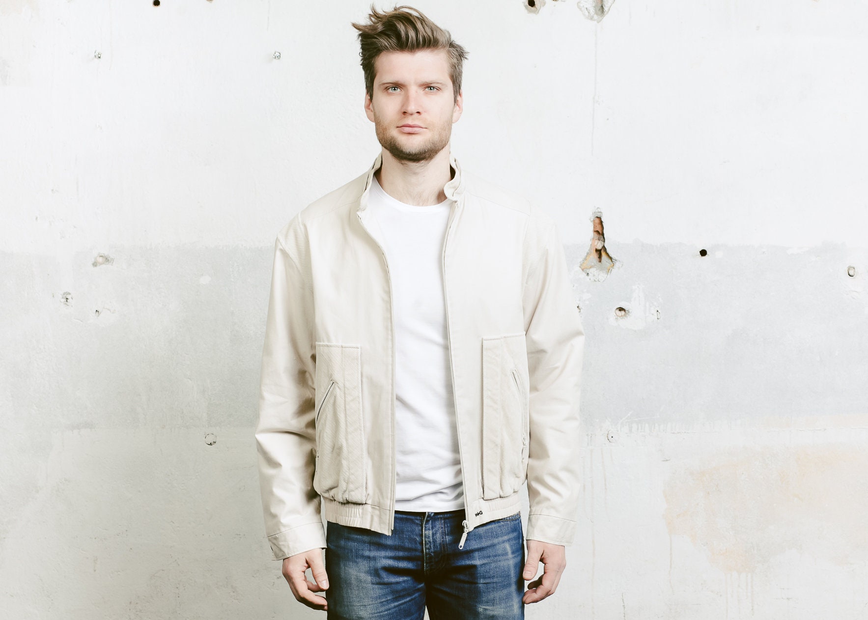 90 Bomber Jacket . Beige Bomber Coach Jacket Mens Vintage Cotton Jacket ...