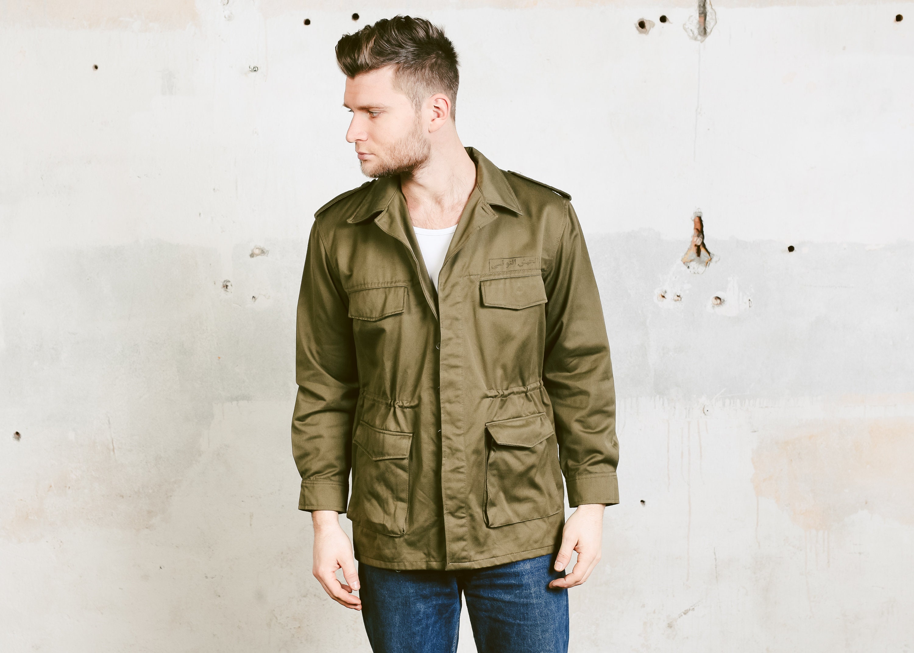 Vintage Men Army Jacket . Khaki Green 80s Field Jacket Heritage