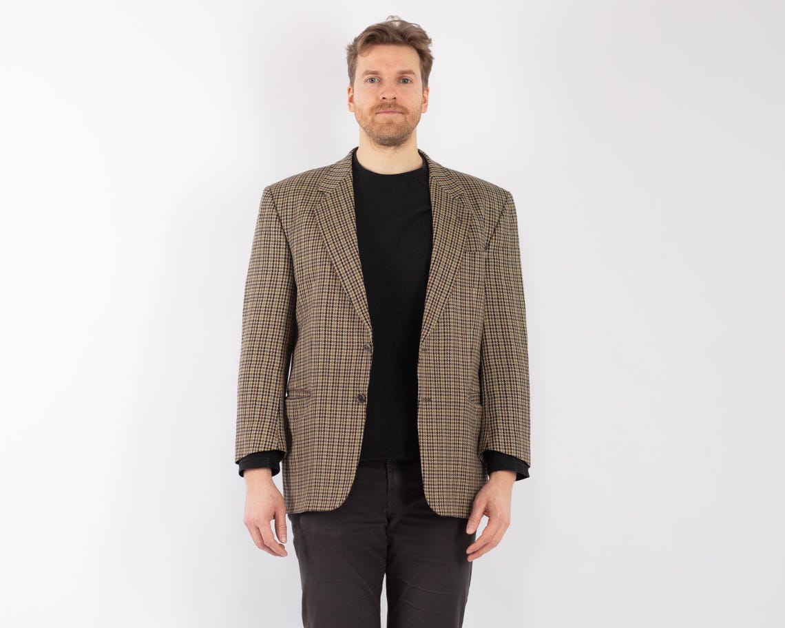1990s Beige Plaid Wool Blazer, Vintage Sport Coat, Men's Size L, foto 1 di 5