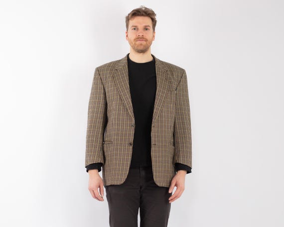 1990s Beige Plaid Wool Blazer, Vintage Sport Coat, Men's Size L