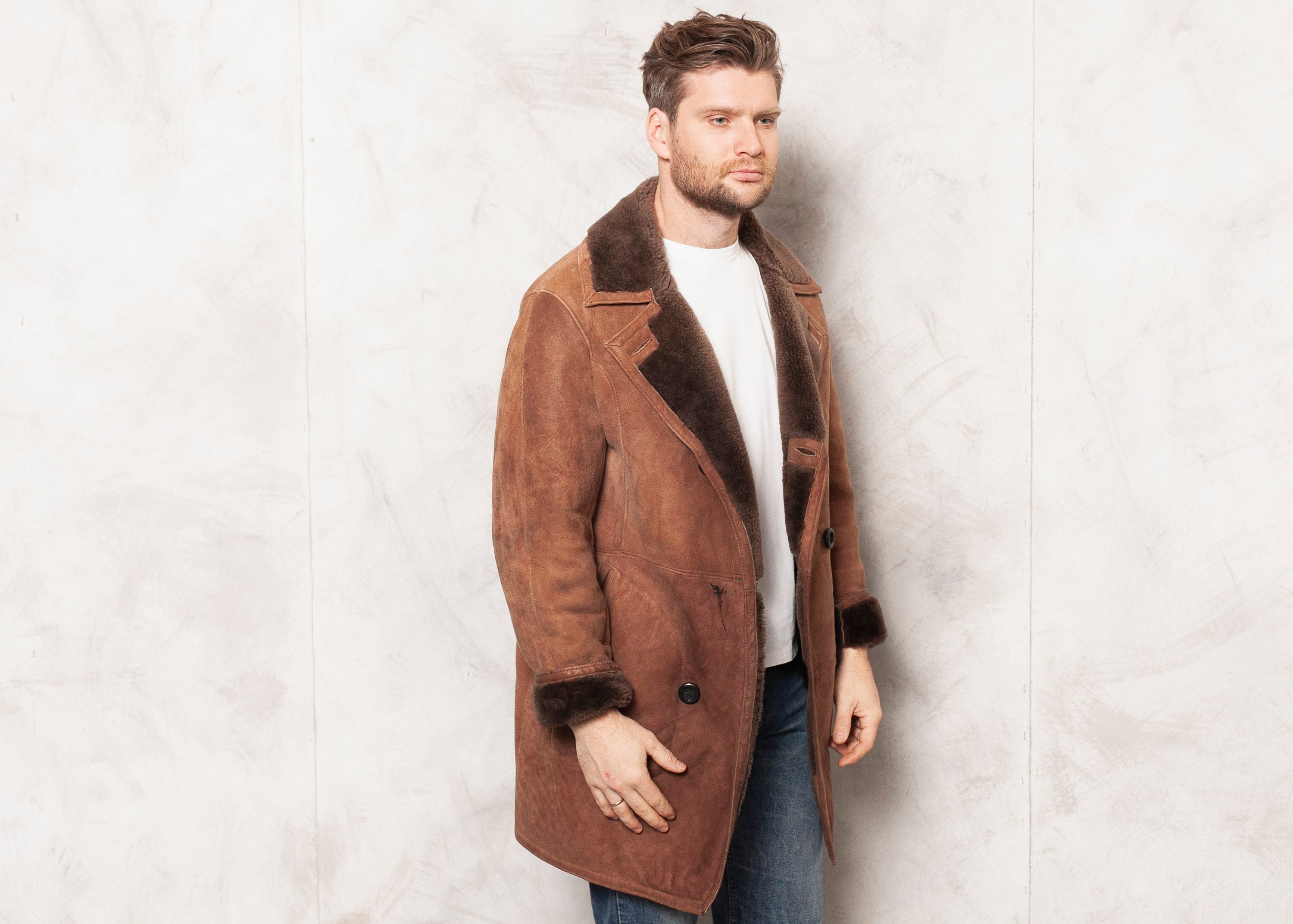 Suede Sheepskin Coat vintage 80s men shearling coat winter coat long coat warm winter coat