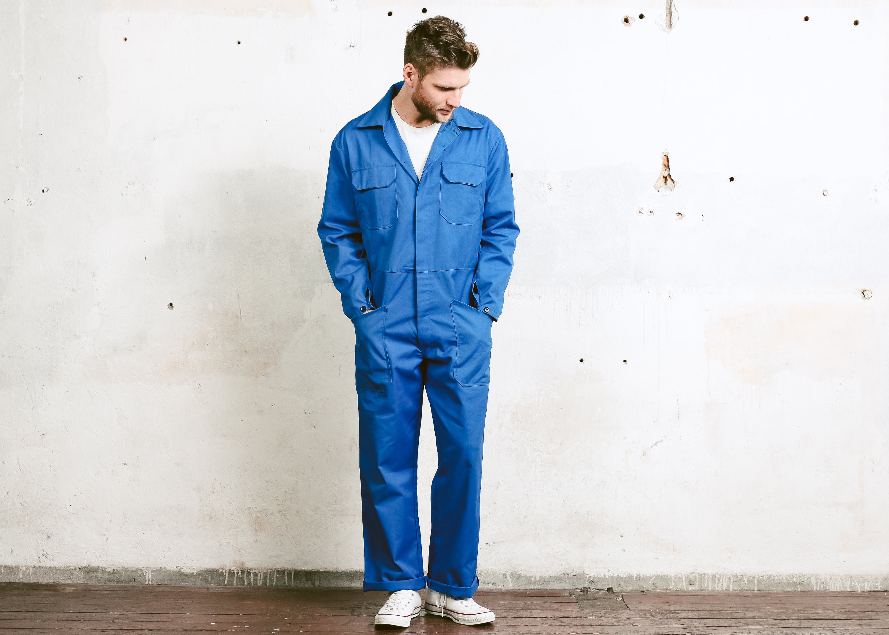 Vintage Men's Work Jumpsuit . Overalls Blue Military 1980s Garage Car
