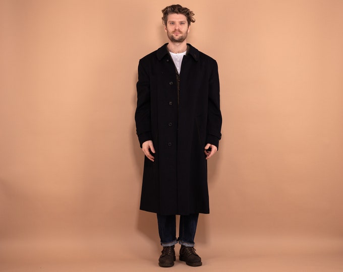 Men Wool Blend Maxi Coat 80's, Size L Large, Vintage Loden Wool Coat, Classic Mens Clothing, Navy Blue Long Spring Coat, Elegant Outerwear