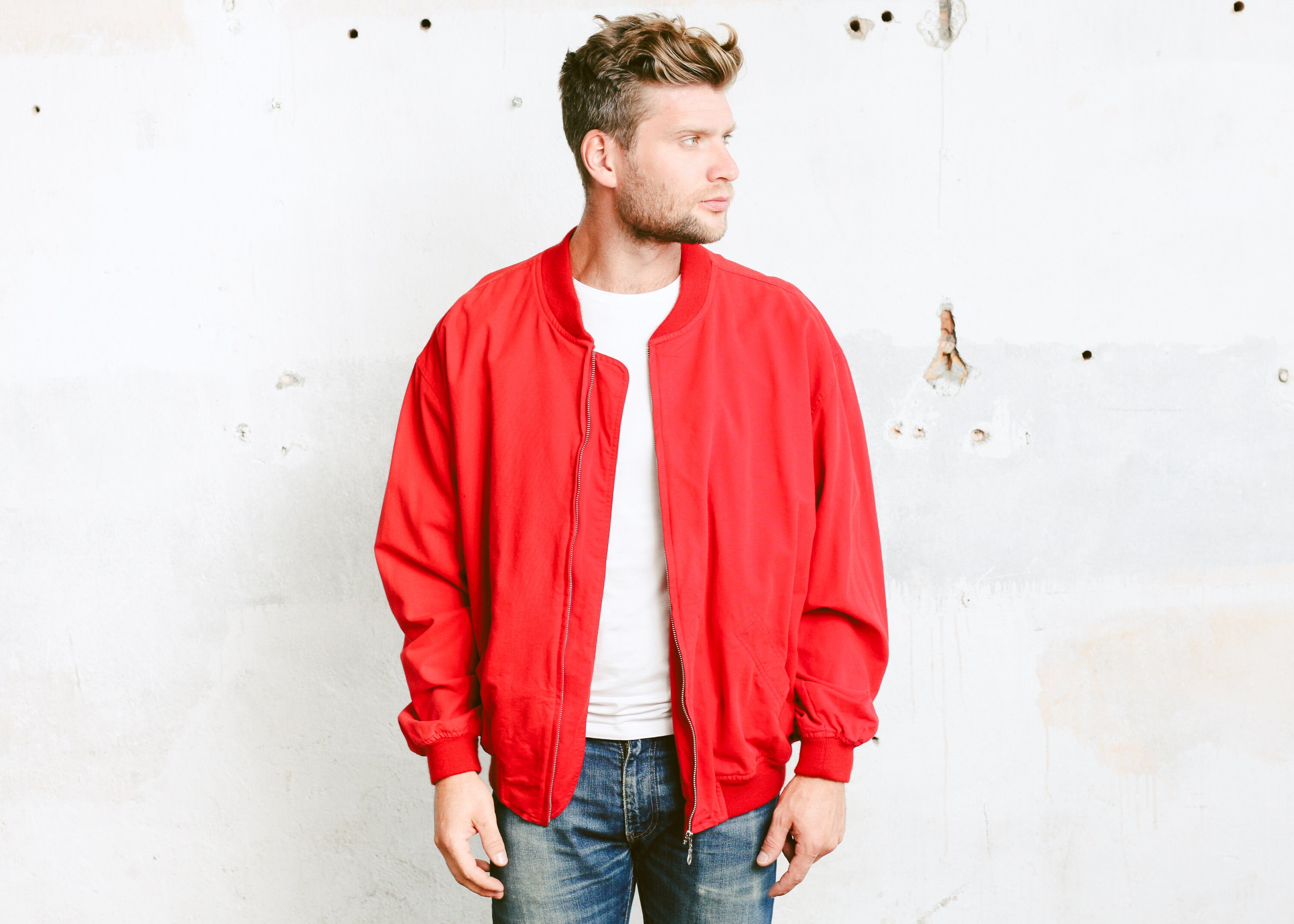 Mens Red Bomber Jacket . Vintage 90s Jacket WOLSEY Coat Flight Aviator Pilot Jacket Outerwear