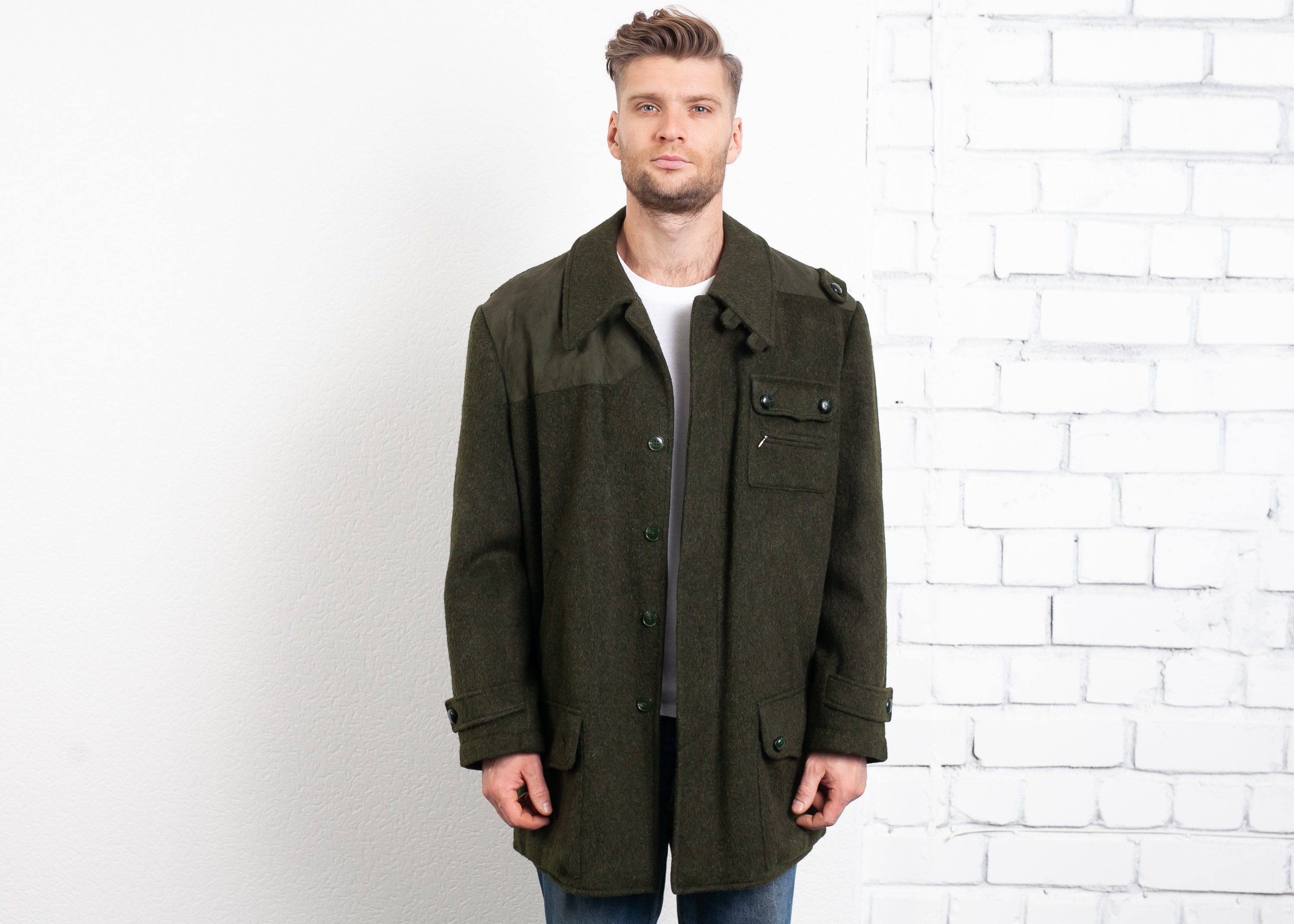 Vintage Loden Wool Jacket . 70s Forest Green Men Coat Winter