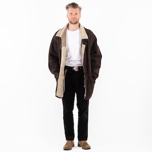 90s Men&#39;s Brown Sheepskin Coat, Size XL Vintage Shearling Coat, Retro Leather Coat, Yellowstone Coat, Rugged Western Coat, Mens Clothing