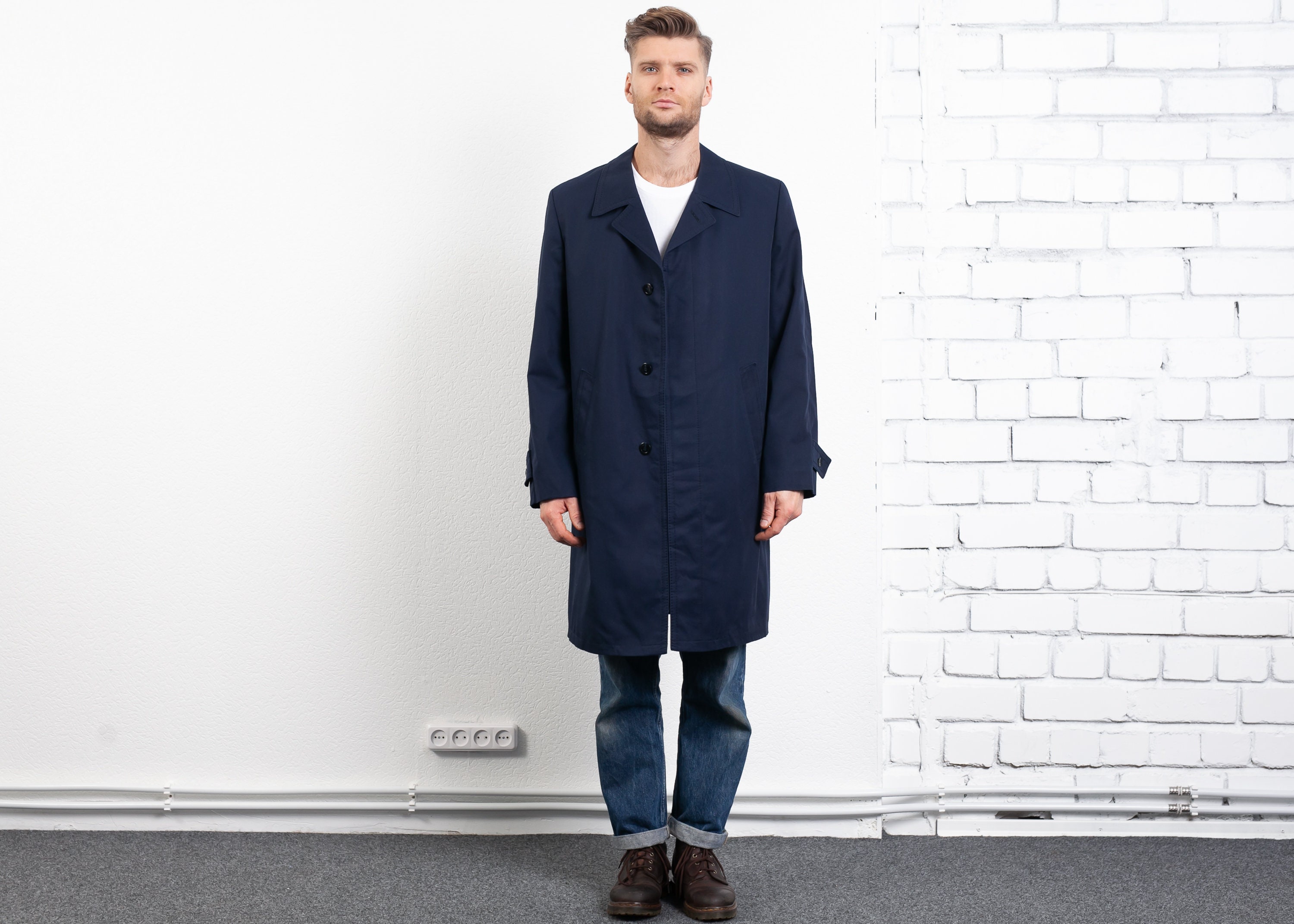 Vintage 70s Men Coat . Men's Navy Blue Long Jacket Winter Mac Coat ...