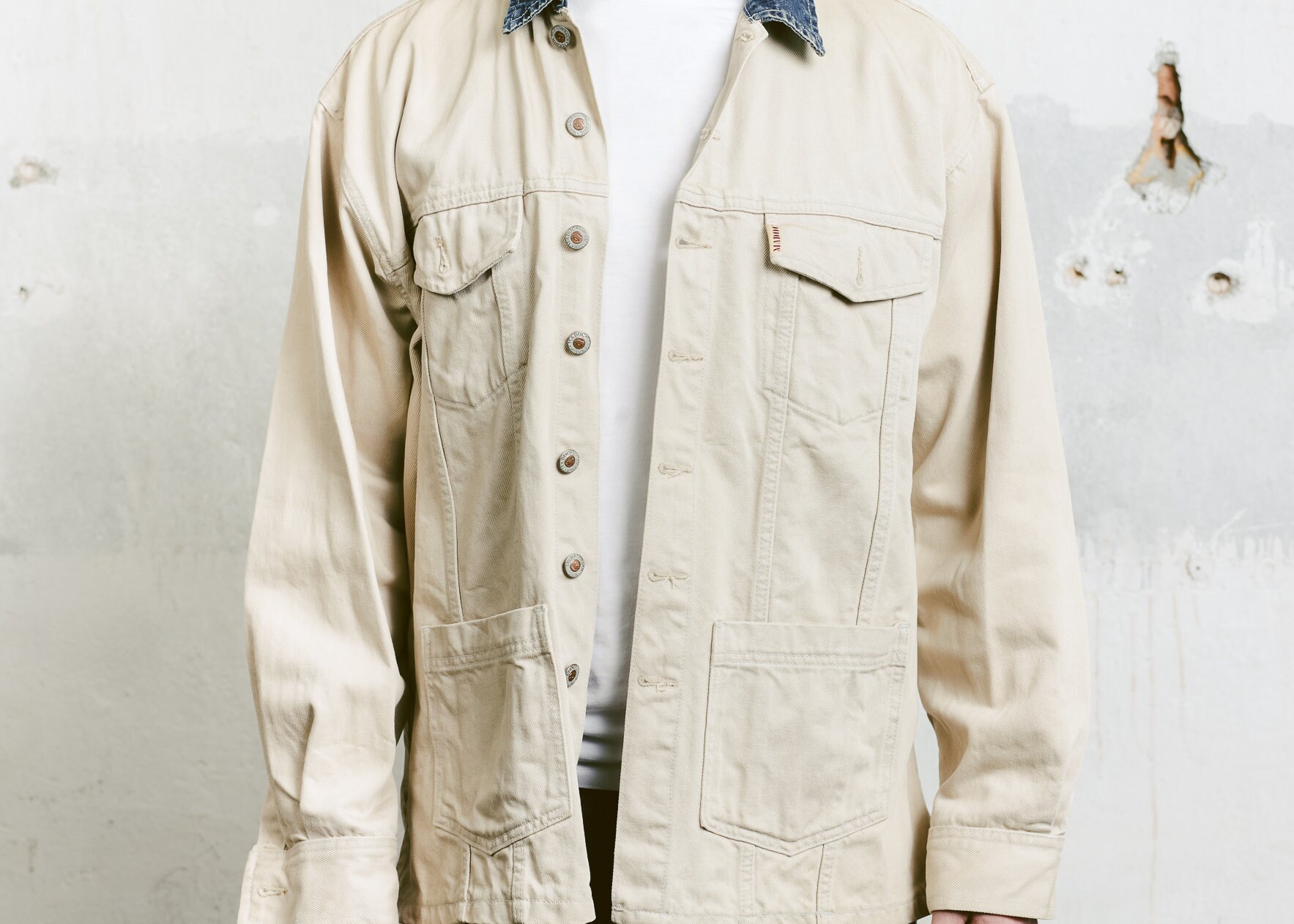 90s Beige Denim Jacket . Bomber Coach Jacket Mens Vintage Denim Coat ...