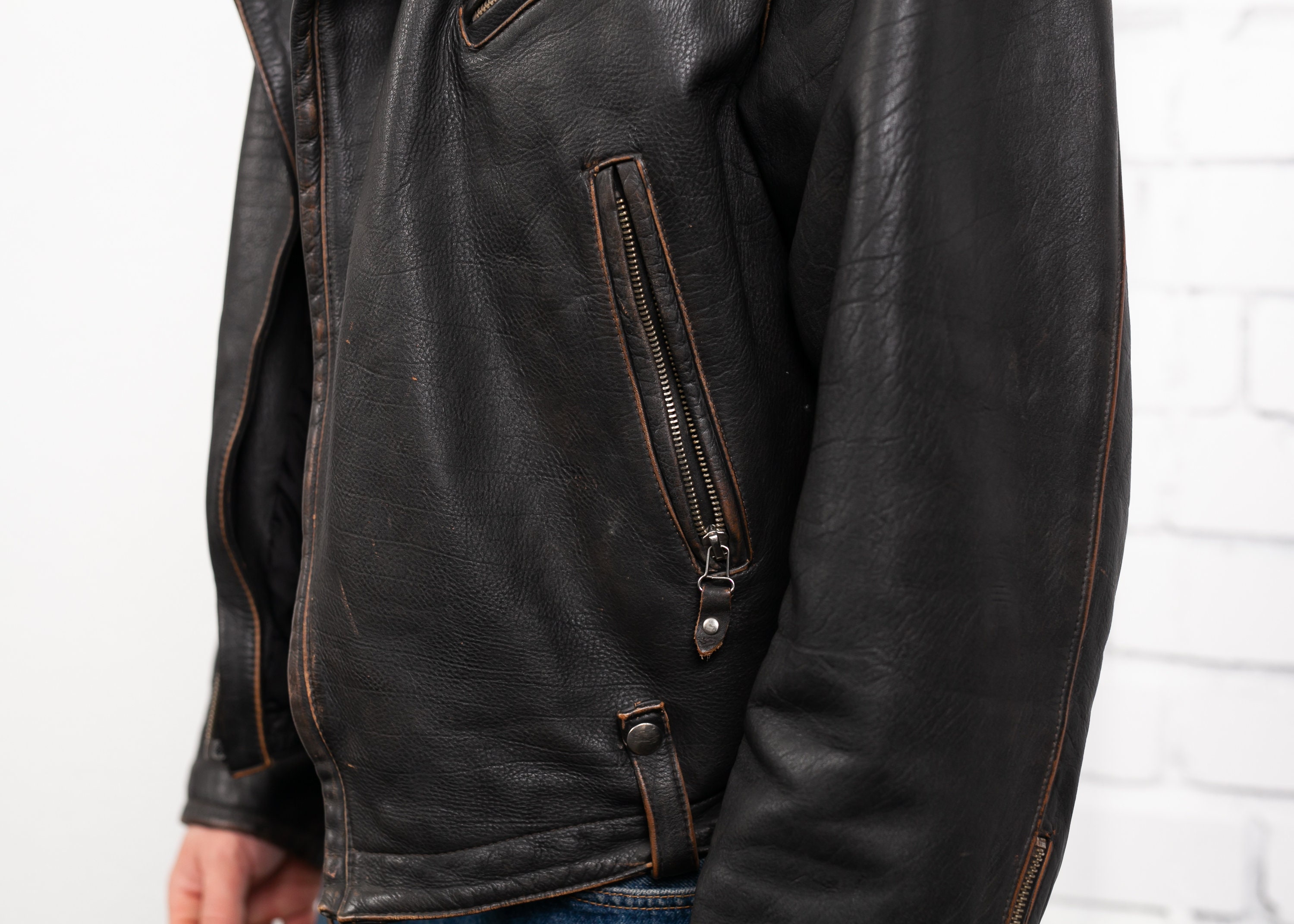 Vintage Men Side Zip Leather Jacket . Retro Men's Leather 70s Black