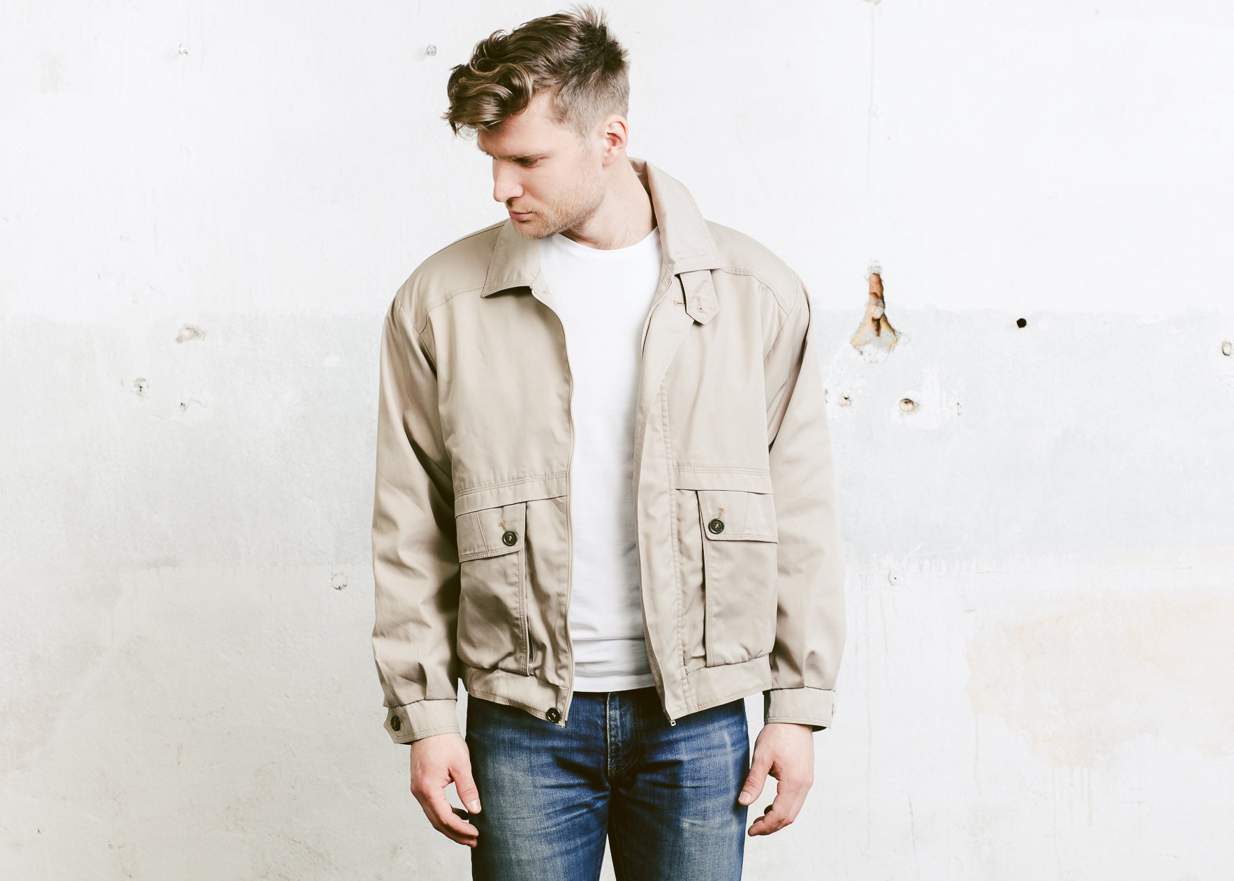 Men's 80s Garage Jacket . Beige Jacket Vintage Rockabilly Jacket Coat ...