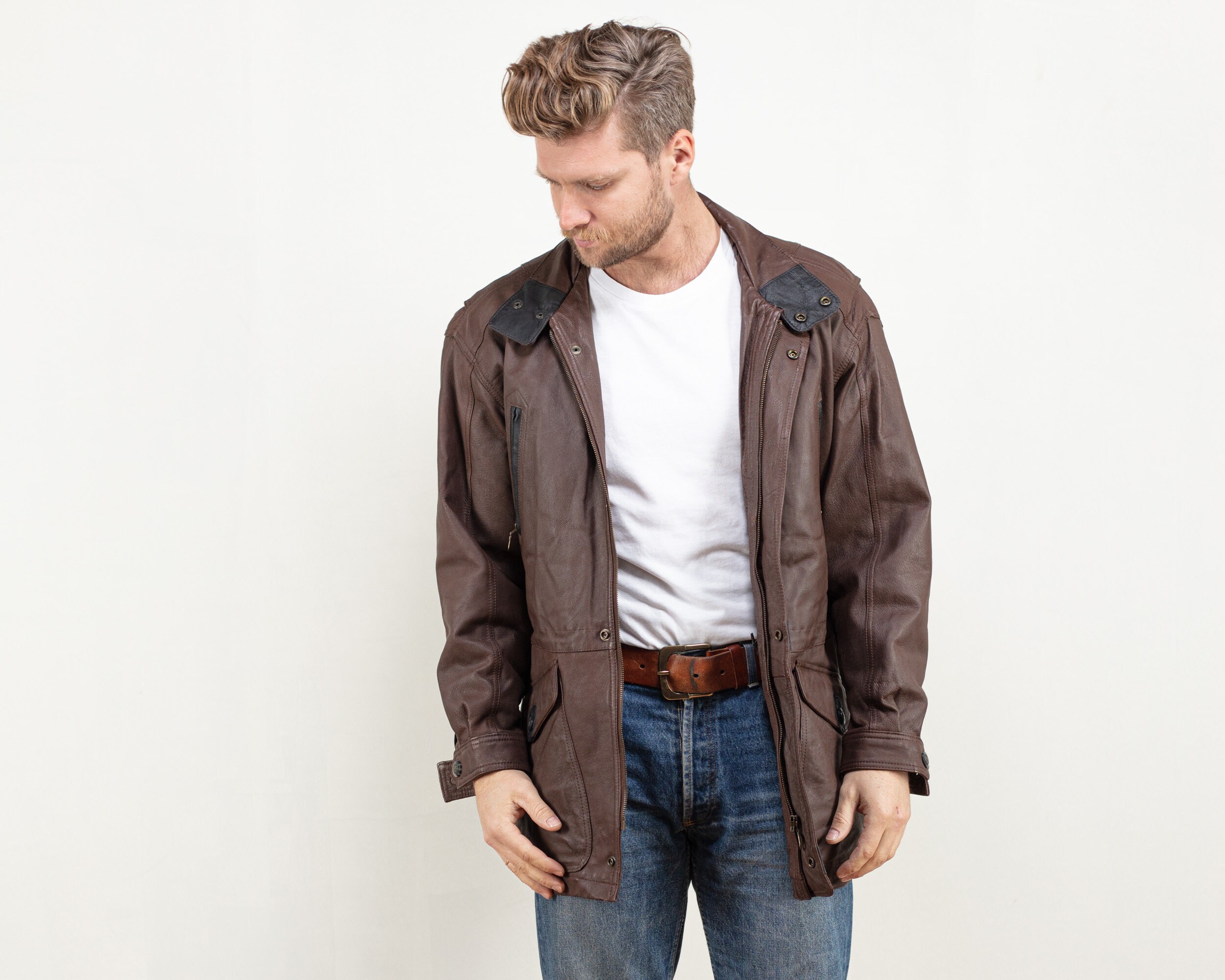 90's Leather Parka Jacket Vintage 90s Brown Leather Coat - Etsy