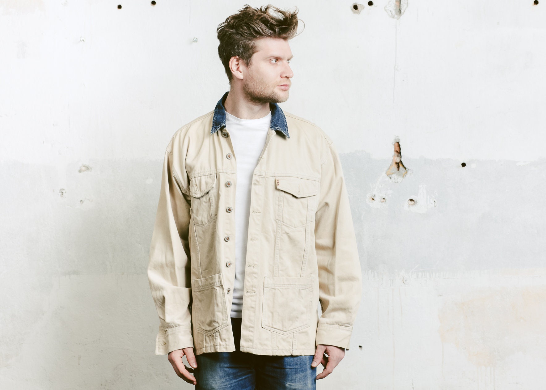 90s Beige Denim Jacket . Bomber Coach Jacket Mens Vintage Denim Coat ...