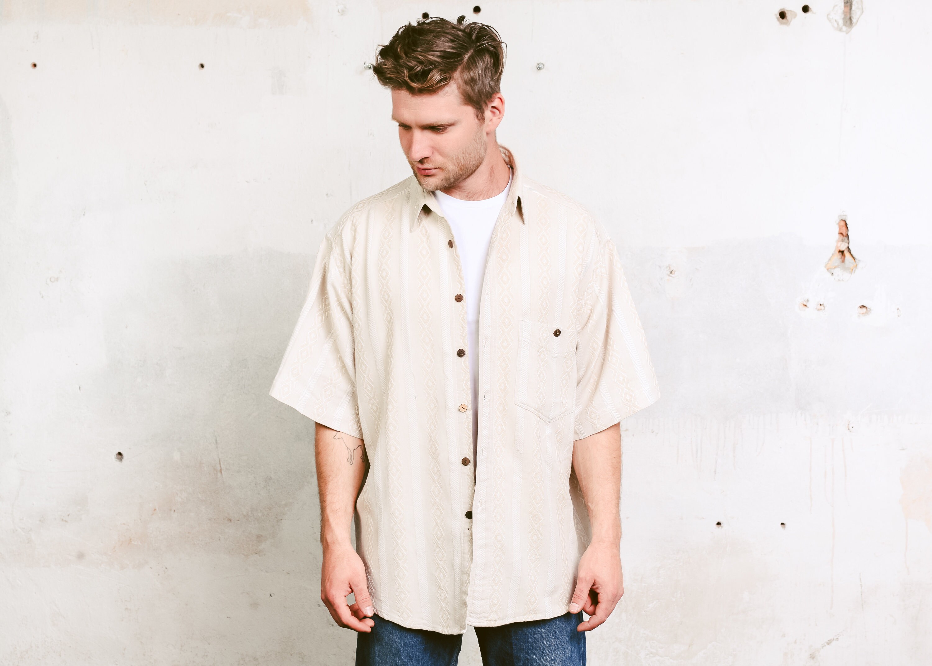 Beige Men Summer Shirt . Men Vintage Shirt Casual Shirt Shirt ...