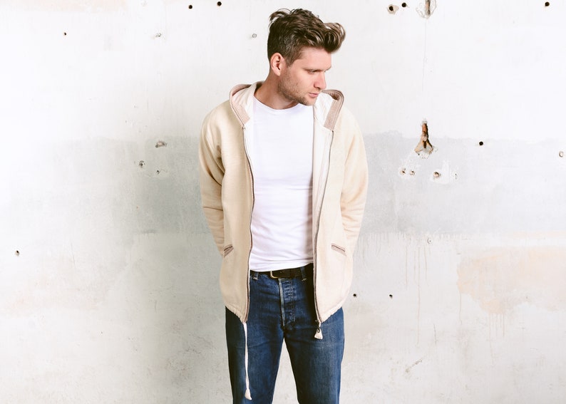size Medium M Beige Hippie Hoodie Men/'s Hooded Sweater Vintage Sweater Zip Up Hoodie Spring Jacket Vintage Men Hoodie Jacket