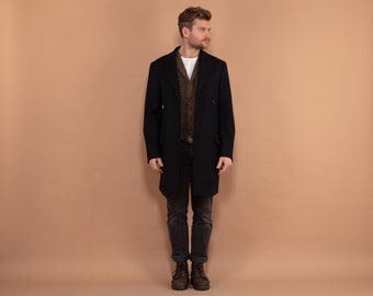 Vintage 90s Wool Blend Coat: Navy Blue Longline Overcoat, Size L