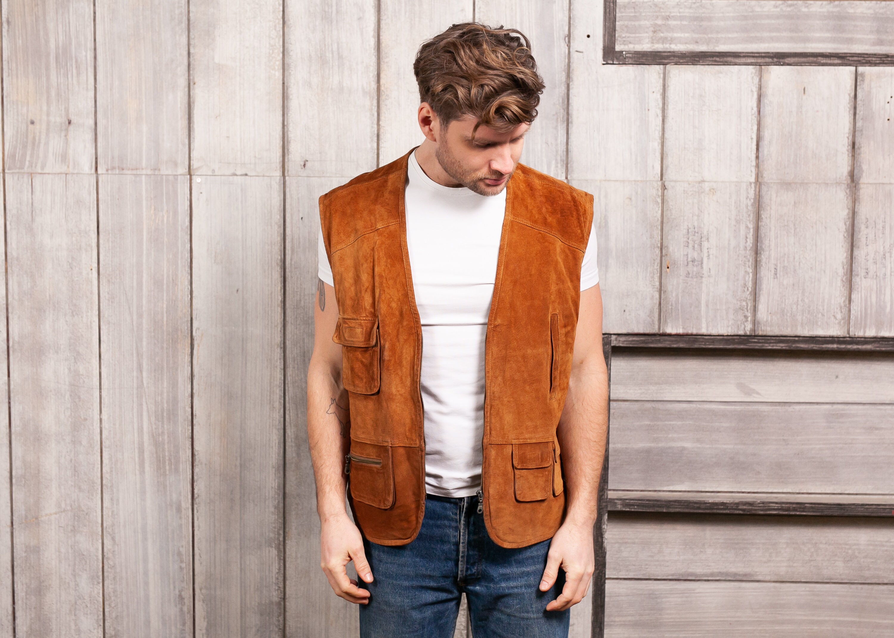 Vintage Suede Utility Vest . Men 1980s Brown Leather Cargo Waistocat