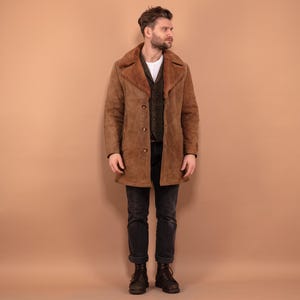 メンズ シープスキン コート、サイズ M ヴィンテージ ディストレスト シープスキン コート、レトロ ウィンター コート、頑丈なウエスタン アパレル、ディストレスト オーバーコート、